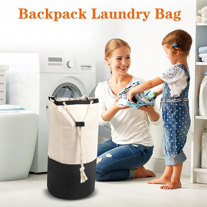 NAHADS Black single-shoulder backpack-style laundry bag made of durable canvas material with a drawstring closure design, suitable for use at university, camping, laundromats, and apartments.