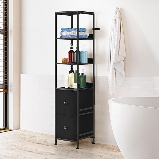 Tall Bathroom Storage Cabinet Slim Bathroom Floor Cabinet Narrow Freestanding Floor Cabinet with 2 Drawer, for Small Space, Living Room, Home Office, Black, 11.8" D x 11.8" W x 55.8" H