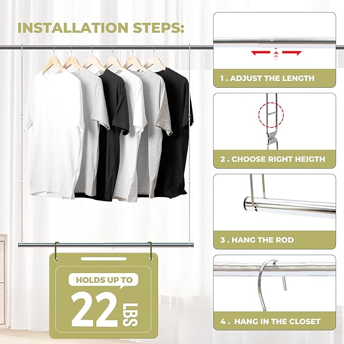 Hanging Closet Rod, 17-29In Adjustable Width and Up to 37In Height Adjustable Closet Rod Extender, Double Closet Rods Hanging Bar, Space-Saving Tension Hanging Organizer, Chrome, 1 Pack