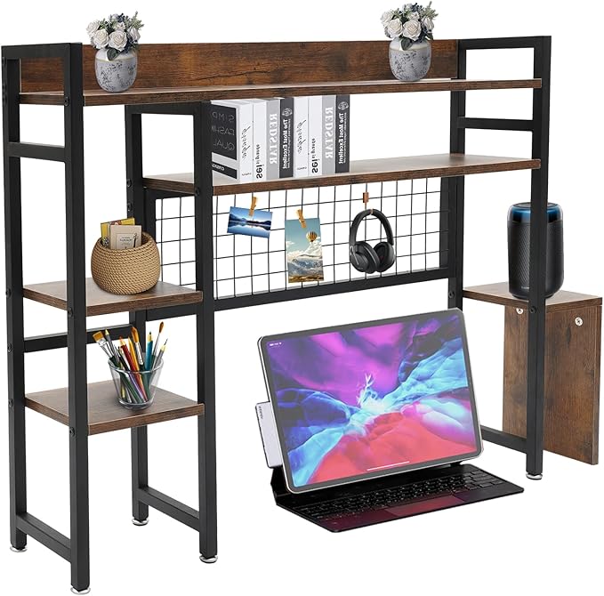 Desktop Bookshelf, 37.4" Desktop Organizer Shelf Black Desk Hutch for Computer Desk 2 Tier Desk Shelf Multifunctional Freestanding Storage Rack Display Shelf for Home Office