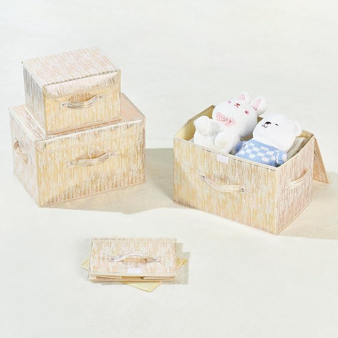 2PCS Decorative Storage Boxes with Lid Luxury Metallic Fabric Storage Bins Organizer Container Collapsible Shelf Basket with Handles for Home Bedroom Closet Office (Gold, Large Size)