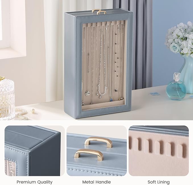 Lolalet Necklace Organizer Box, Jewelry Storage Box with Clear Window for Necklaces Bracelets, Tangle-Free Necklace Display Case for Women Girls, Mothers Day Gift