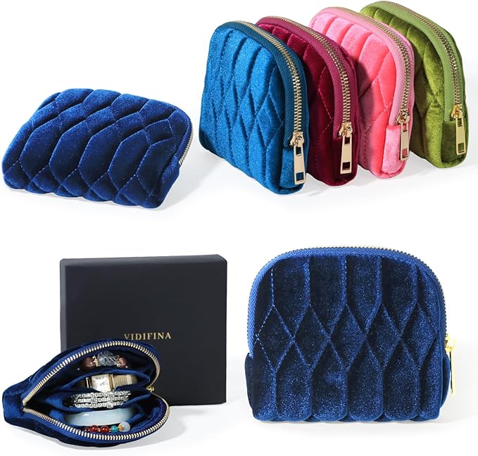 Small Travel Jewelry Case, Mini Travel Jewelry Bag with Zipper, 5-Layer Velvet Organizer Pouch for Bracelet Rings Earrings - Diamond Stitched Velvet Navy Blue