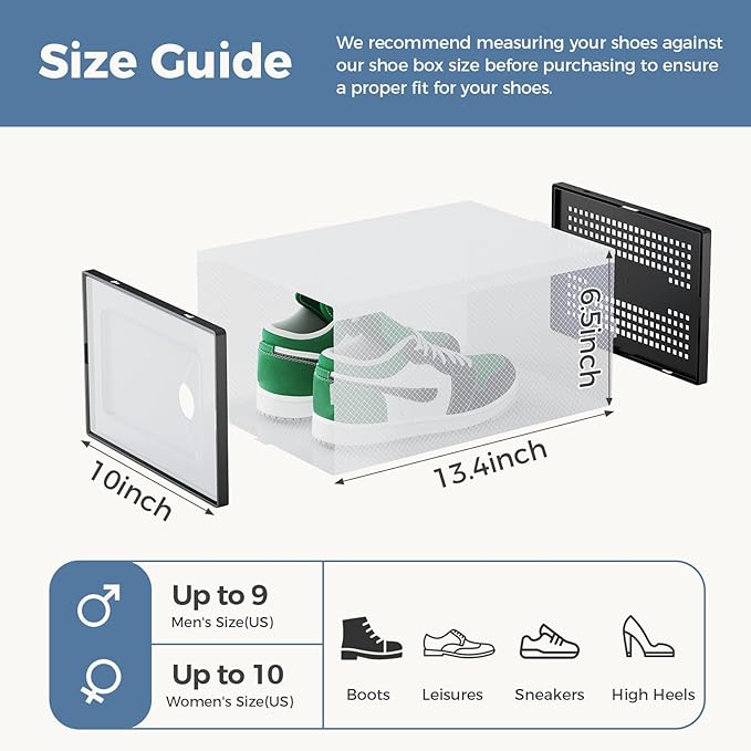 DUMOS Shoe Storage Boxes, 15 Pack Stackable Clear Shoe Containers with Lids, Display Sneaker Case Organizer for Closet, Under Bed, Entryway,Black (Fit Size 11)