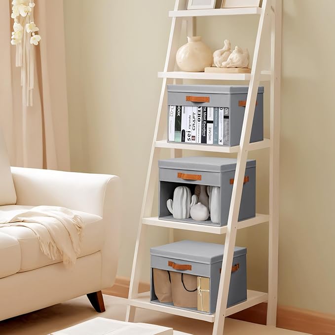Homsorout Large Storage Bins with Lids - 3 Pack Foldable Decorative Organizers with Clear Windows & Handles, Cube Storage Organizers for Clothes, Blankets, Sweaters, Sheets, Grey