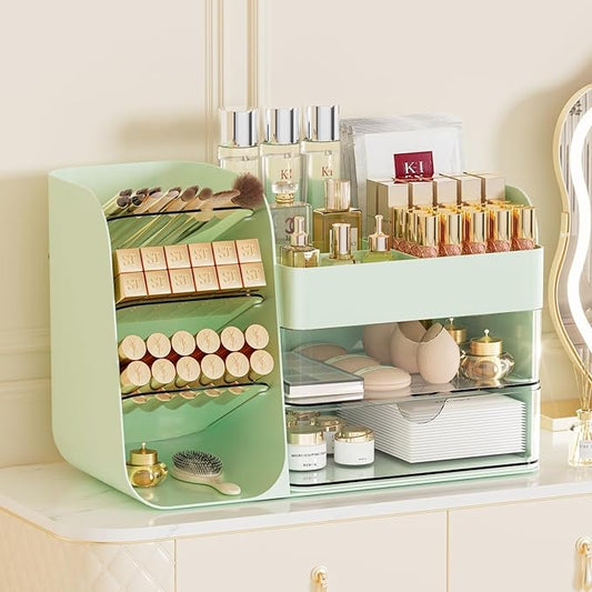 Booklov Makeup Organizer for Vanity, Countertop Cosmetic Display Case with Clear Acrylic Drawers, Bathroom Counter Beauty Caddy, Cute Table Storage Holder for Skincare, Brush Lipsticks, Crystal Green