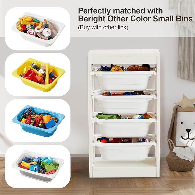 Beright Storage Combination with Bins, Toy Storage Organizer for Kids, Multipurpose Children Cabinet Organizer for Books and Toys with 4 Small Bins, Floor, White