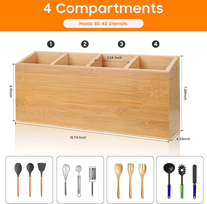 Wingsife Utensils Holder with 4 Compartments, Bamboo Utensil Organizer for Kitchen Countertop, Silverware Caddy Cutlery Holder for Flatware Fork Spoon Spatula, Cooking Utensil (Classic)