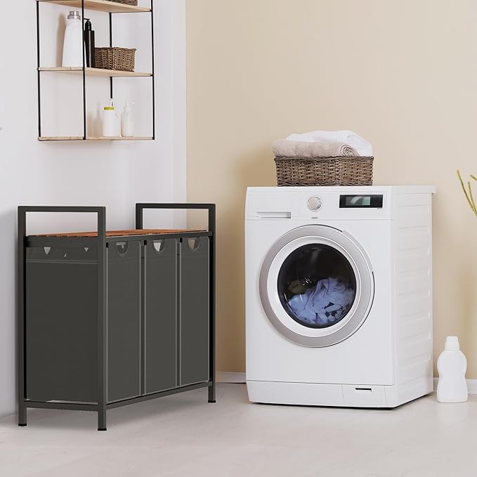 Sonharlar Laundry Hamper, Laundry Sorter with 3 Pull-Out Removable Oxford Fabric Bags Cloth Laundry Basket 3 x 10 Gallons (Grey and Rustic Brown)