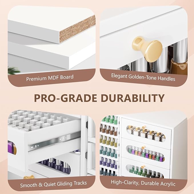 OmySalon Nail Polish Organizer Cabinet with Drawers, 47.2" L Large Nail Salon Storage for Polish & Powder, 7 Clear & 10 Visual Drawers, Wooden Beauty Salon Furniture (White)
