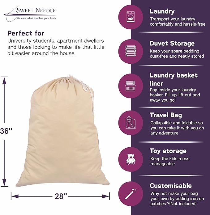 SweetNeedle Heavy Duty Extra Large Cotton Laundry Storage Shopping Bag, 28x36 In, 75L -Draw-cord with cord-lock, Machine Wash and reusable Travel Bag