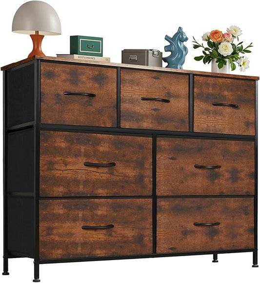 OLIXIS 7 Drawers Dresser for Bedroom, Fabric Storage Tower for Living Room, Entryway - Sturdy Steel Frame, Wooden Top & Easy Pull Fabric Bins, Closet Chests Organizer for Clothes, Brown