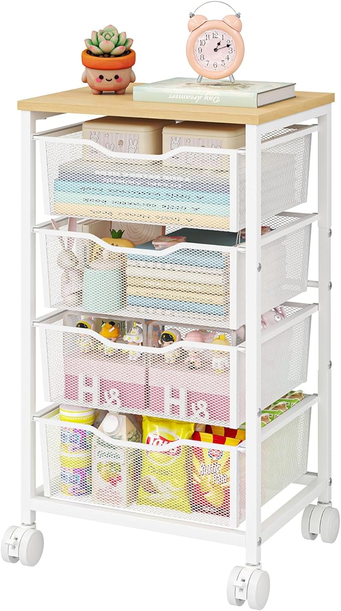 Sbanmao Utility Cart with 4 Drawers, Rolling Storage Cart, Metal Rolling Drawer Cart with Lockable Wheels and Wooden Tabletop, Craft Storage Art Cart for Living Room, Bedroom, Classroom, Office, White