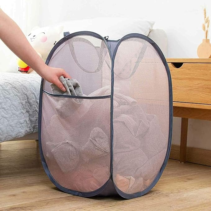 2 Pack Pop Up Laundry Hampers, Collapsible Mesh Laundry Basket, Foldable Clothes Hampers for Bathroom, College Dorm, Travel (Grey)