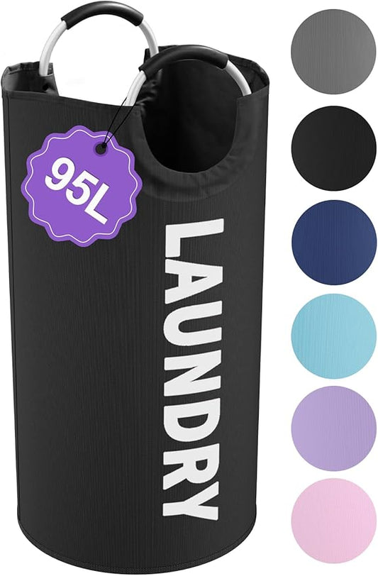 95L Large Laundry Hamper for Adult, Foldable Black Laundry Basket with Soft Handles, Freestanding Dirty Clothes Hampers, Portable Laundry Bin for Flat, Bathroom, Black
