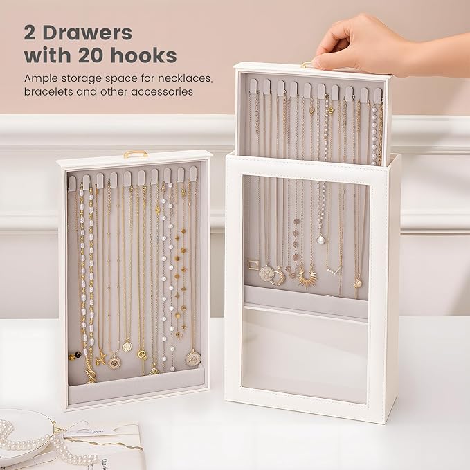 Lolalet Necklace Organizer Box, Jewelry Storage Box with Clear Window for Necklaces Bracelets, Tangle-Free Necklace Display Case for Women Girls, Mothers Day Gift