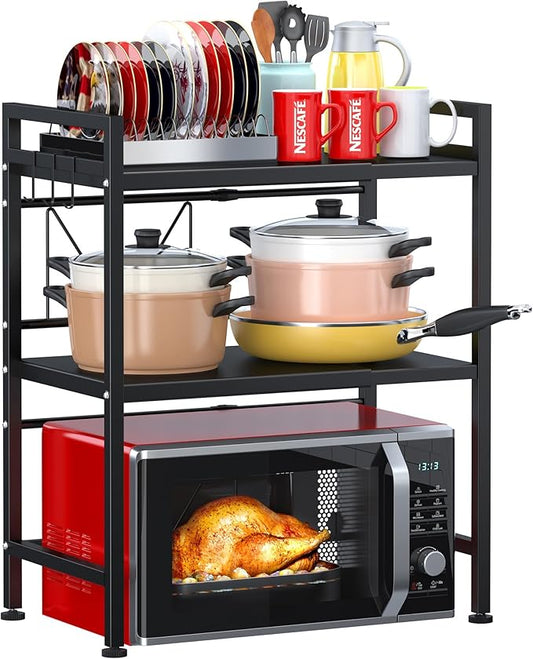 PUSDON 3-Tier Expandable Microwave Oven Rack, Countertop Baker's Rack Style Shelf, Heavy Duty Adjustable Standing Shelf with Hooks, 160lbs Capacity Kitchen Space Saver, Matte Black