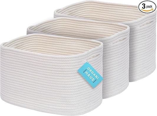 OrganiHaus Rope Baskets for Shelves - Set of 3 Woven Storage Baskets for Organizing, Closet & Toy Storage - Off-White - 15x9x10