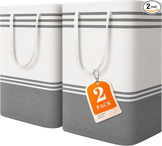 2 Pack Large Laundry Baskets, Laundry Hampers, Freestanding Waterproof Collapsible Clothes Bags with Reinforced Handles - Foldable Dirty Clothes Basket for Dorm, Bathroom, Room (Grey/75L)