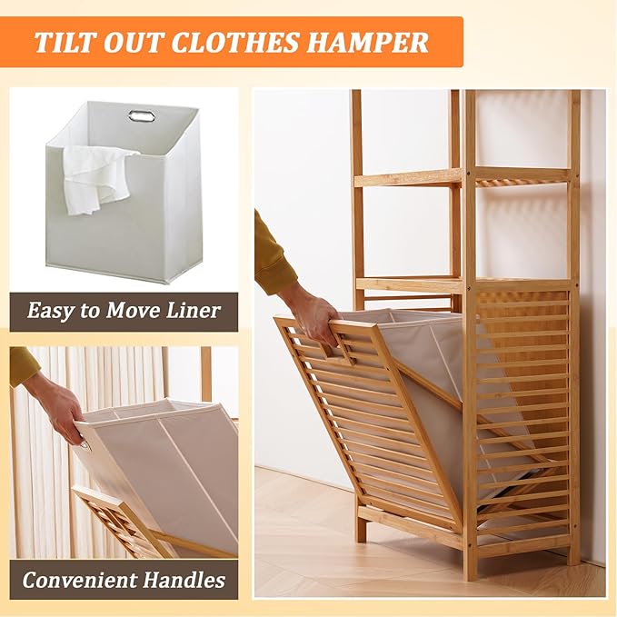 Baveke Bamboo Laundry Hamper with 3 Tier Shelves & Tilt Out Basket, Laundry Baskets Organizer Hampers Bathroom Storage Shelf for Laundry Room, Bathroom, Guest Room（3-Tier, Large）
