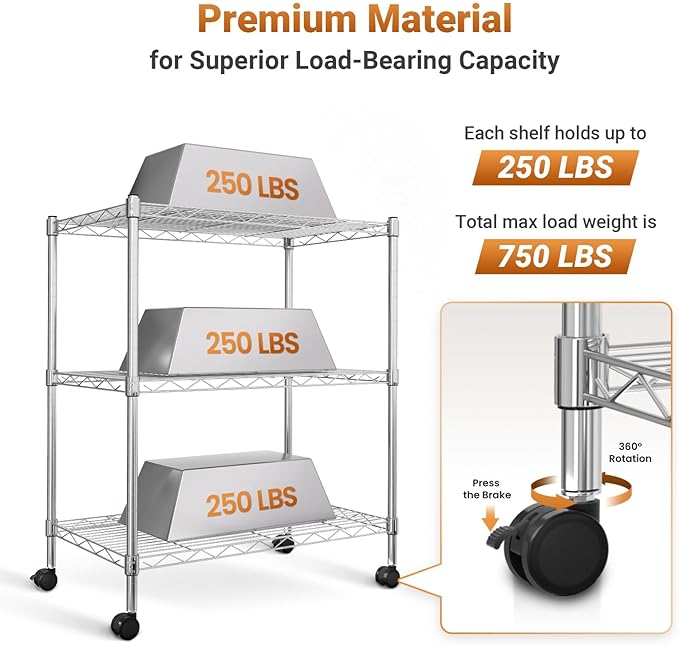 Simple Deluxe Heavy Duty 3-Shelf Shelving with Wheels, Adjustable Storage Units, Steel Organizer Wire Rack, 24.02”L x 13.78“W x 31.89”H, Chrome, HKSHLF23133003CPC