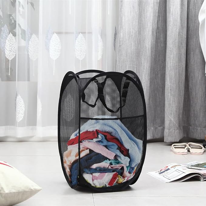 Mesh Pop up Laundry Hamper with Portable Durable Handles, Black Laundry Basket for Storage, Folding Collapsible Pop-Up Clothes Hampers for Home, College Dorm or Travel, Cruise, Black