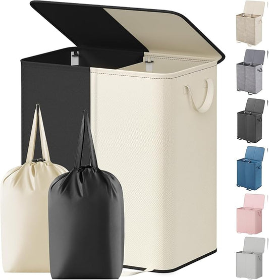 Lifewit Double Laundry Hamper with Lid and Removable Laundry Bags, Large Collapsible 2 Dividers Dirty Clothes Basket with Handles for Bedroom Laundry Room Closet Bathroom College, 155L White&Black