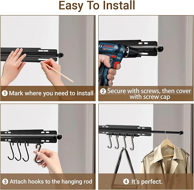13" Valet Rod for Closet Pull Out with 4 Hooks, Retractable Valet Rod for Bedroom, Laundry Room, Bathroom(Black)