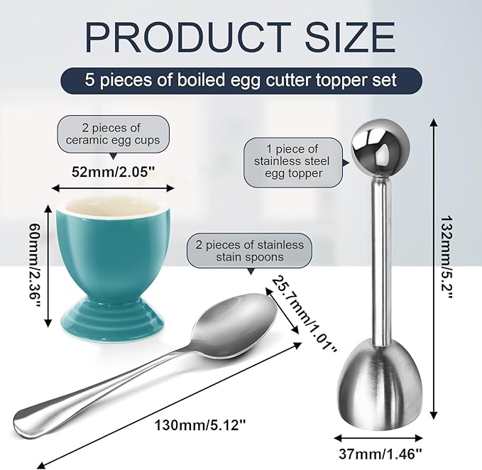 Colorful Soft Boiled Eggs Cups Set, 2 Ceramic Egg Stands and 1 Stainless Steel Egg Cutter, 2 Perfect Egg Spoons for Kitchen and Breakfast Host(Caribbean)