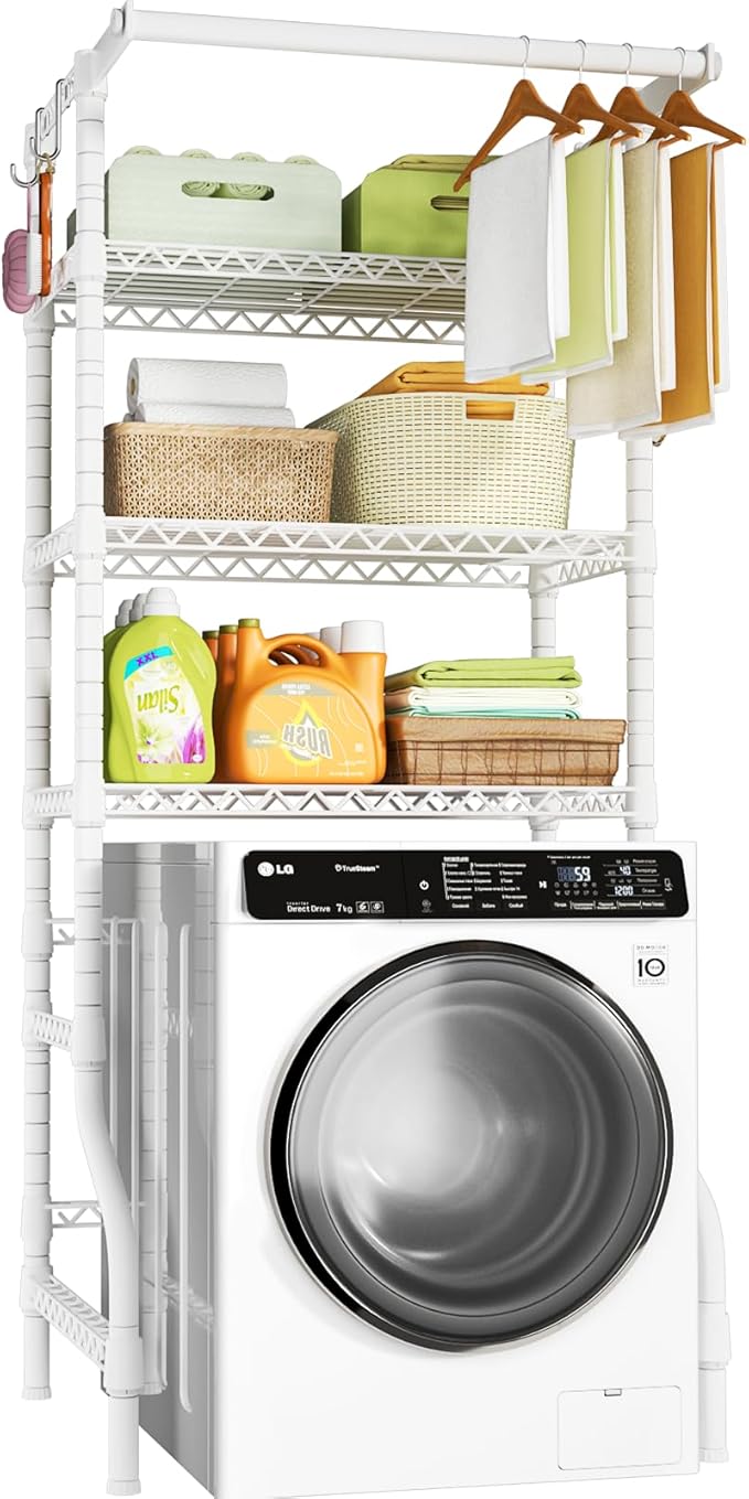 Ulif U11 Medium Over Washer and Dryer Shelves, 3 Tiers Laundry Room Storage and Organizer Standing Shelf, Metal Freestanding Clothes Drying Rack, 31.1”W x 19.7”D x 77.6”H, White