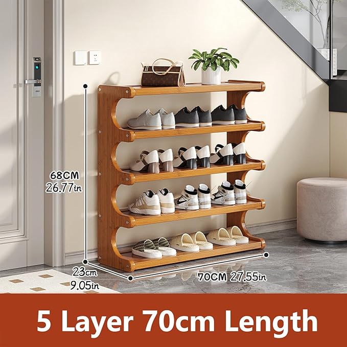 KNERS Bamboo Shoe Rack, Multi-Layer Space-Saving Shoe Organizer for Entryway, Bedroom or Living Room, Stable & Easy to Install, 3-Tier / 5-Tier / 6-Tier Options (5 Layer - 70cm)