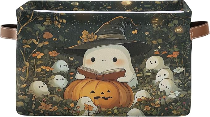 xigua Cute Ghost Wearing Witch Hat Storage Basket Foldable Storage Bin, Canvas Rectangular Storage Basket with Leather Handles for Home Closet & Office Decoration