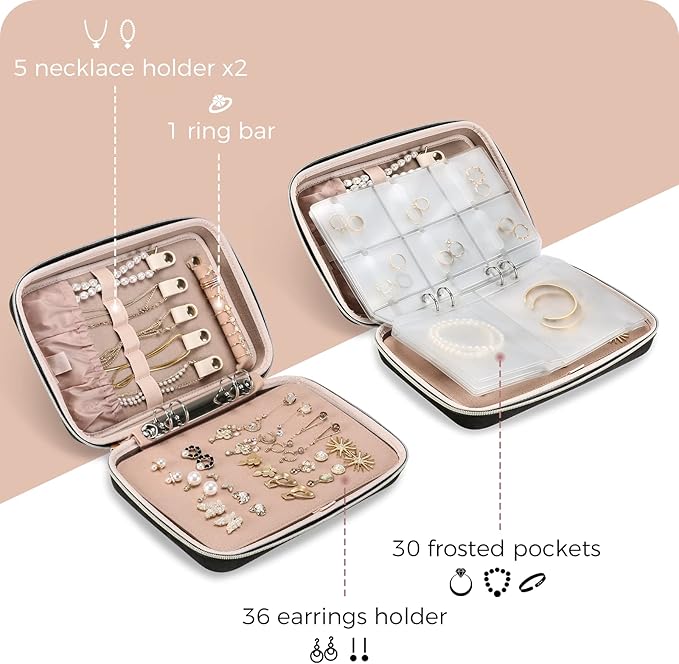 ProCase Large Travel Jewelry Organizer Case, Jewellery Home Storage Book Ring Binder with Clear Pockets for Presentation, Zippered Pouch Bag for Earrings Necklaces Bracelets -Black
