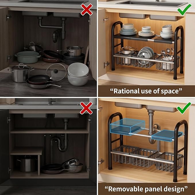 Under Sink Organizers and Storage, 2 Tier 20.9"-34.6" Expandable Length with 3 Removable Baskets and 3 Removable Panels Expandable Shelf for Cupboard,Kitchen,Bathroom, Black