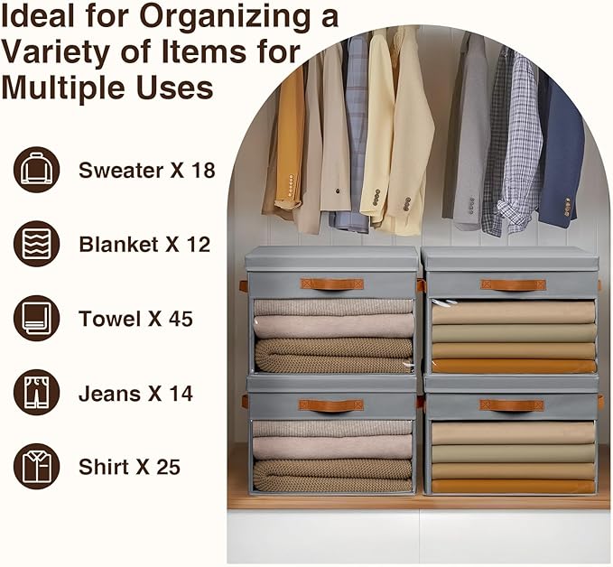 Homsorout Large Storage Bins with Lids - 6 Pack Foldable Decorative Organizers with Clear Windows & Handles, Cube Storage Organizers for Clothes, Blankets, Sweaters, CD, Grey