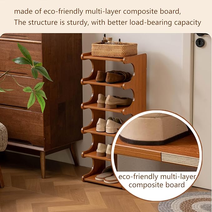 Tall Narrow Solid Wood Shoe Rack, 6 Tier Vertical Wooden Shoe Storage Tower, Freestanding Corner Multi-Layer Organizer for Entryway(12.6" L x 9.84" W x 32.1" H)
