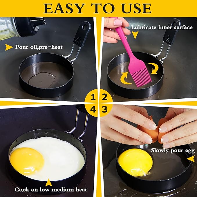 3-Pack 3.5'' Egg Rings Set with Silicone Handle, Stainless Steel Egg Cooking Rings，Nonstick，For Frying Eggs and English Muffins Pancake, Egg Mold Shaper For Breakfast