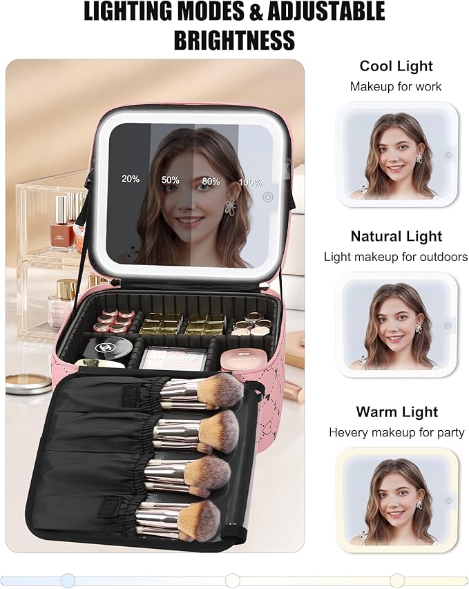 Relavel Travel Makeup Bag With LED Mirror, Compact Cosmetic Organizer Storage with Brush Compartment, 3 Colors in Adjustable Brightness, Adjustable Dividers, Make Up Train Case - Pink Bowknot