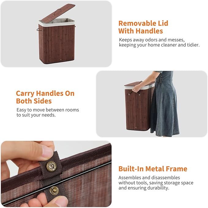 GarveeHome Folding Bamboo Laundry Hamper with Lid, 28 Gal /106L Wooden Laundry Basket with Washable Liner Bag, Slim Clothes Storage Hamper for Small Bedrooms Apartments Dorms, Brown