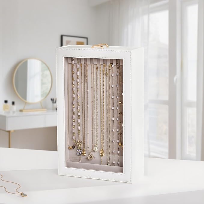 Lolalet Necklace Organizer Box, Jewelry Storage Box with Clear Window for Necklaces Bracelets, Tangle-Free Necklace Display Case for Women Girls, Mothers Day Gift
