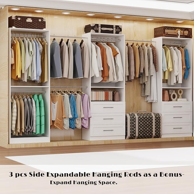 Closet System with 3 Sets, 6FT Closet Organizer Storage Systems with 6 Wooden Drawers & 7 Hanging Rods, Walk-in Closet Corner Closet System Modular Closet System White (6FT)