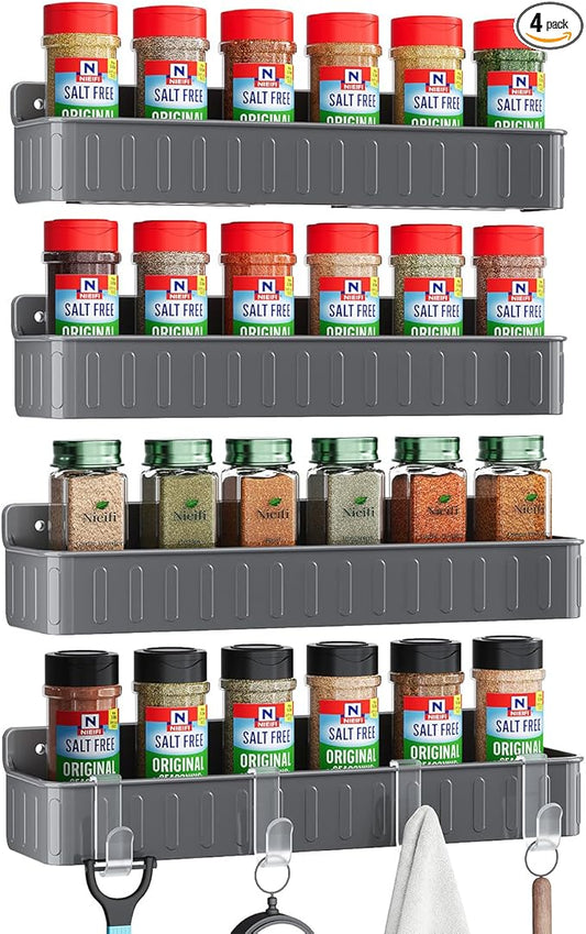 Nieifi Spice Rack Wall Mount, Spice Organizer for Spice Jars, Screw or Adhesive Hanging Organizer for Kitchen Cabinet or Pantry Door, 4 Pack, Grey, ABS Plastic