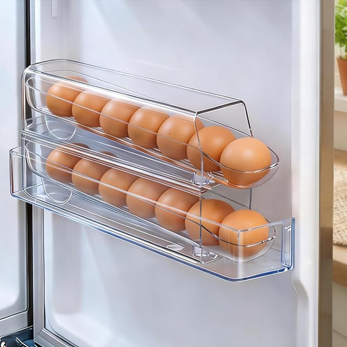 theaoo Auto Rolling Egg Dispenser for Refrigerator with Quick Removable Inner Tray, Space-Saving Egg Organizer and Holder, Egg Storage Container for Fridge, Easy to Load and Grab Eggs (2 Pack)