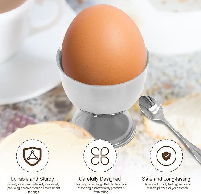 Bonsicoky Silver Egg Cups and Spoons Set of 8 - Stainless Steel Egg Holder with Spoons - Egg Tray Kitchen Tool for Soft & Hard Boiled Eggs
