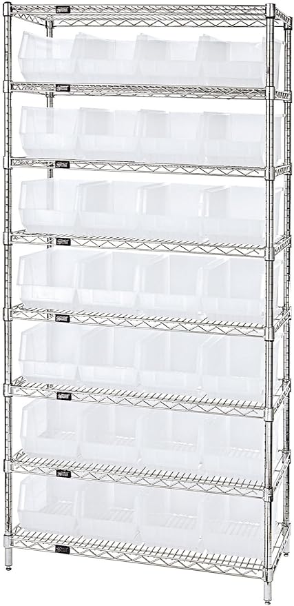 Quantum Storage QUS240 Heavy-Duty Stackable Plastic Storage Bins for Workshop, Warehouse & Garage, Ultra Stack & Hang, 14-3/4" x 8-1/4" x 7", Clear, 12-Pack
