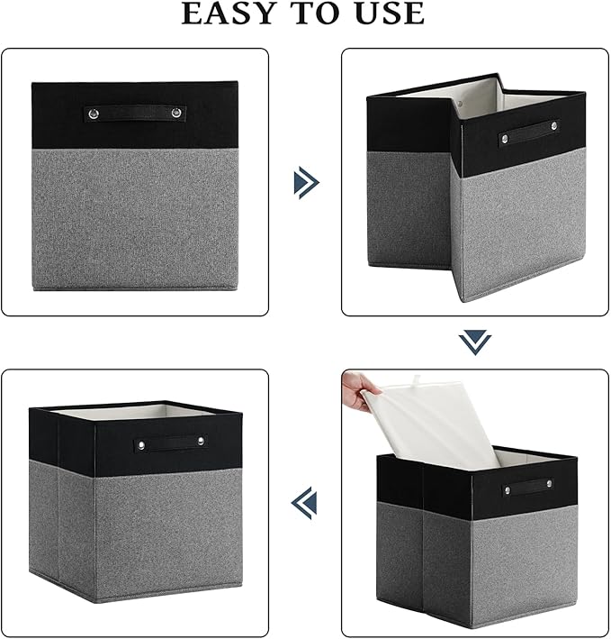 FinishingBo 13 x 13 Inch Fine Linen Storage Bins with Handles，Fabric Cube Boxs，Basket Organizers for Shelves for Home, Closet Drawers (Black/Gray-6 Pack)