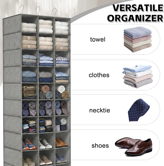 coastal rose Hanging Shoe Organizer for Closet, 30 Sections Hanging Closet Organizers and Storage Shelves Space Saving Shoe Rack Holder Hanger, Grey, 17''W×11.5''Dx 48''H