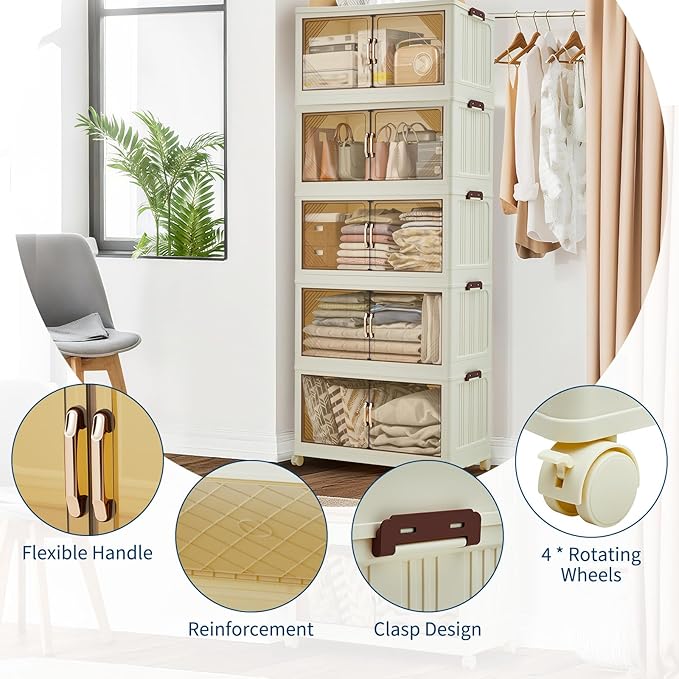 GarveeHome 240QT Stackable Storage Bins, Folding Storage Box with Magnetic Doors & Wheels, Loset Organizers and Storage with Lids, Collapsible Plastic Drawers for Bedroom Kitchen Office, White