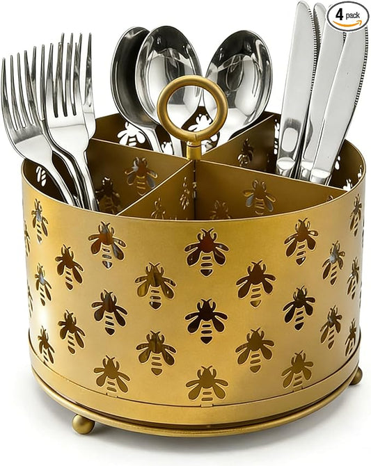NelyBet 360°Rotating Utensil Caddy Countertop - Bee Silverware Caddy Holder with 4 Compartment - Mesh Cutlery Caddy Holder with Handle for Party Kitchen Counter Office Gold