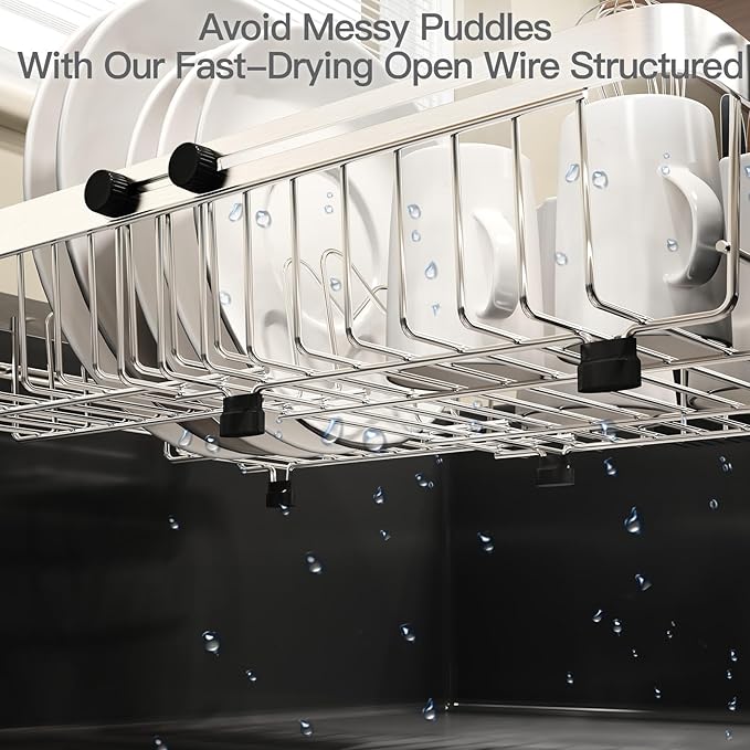 MAJALiS Dish Drying Rack Over The Sink, Expandable Stainless Steel Dish Drainer for Small Kitchen Counter Space Saving, RV Compact Plate Strainer In Silver Metal with Hanging Adjustable Utensil Holder